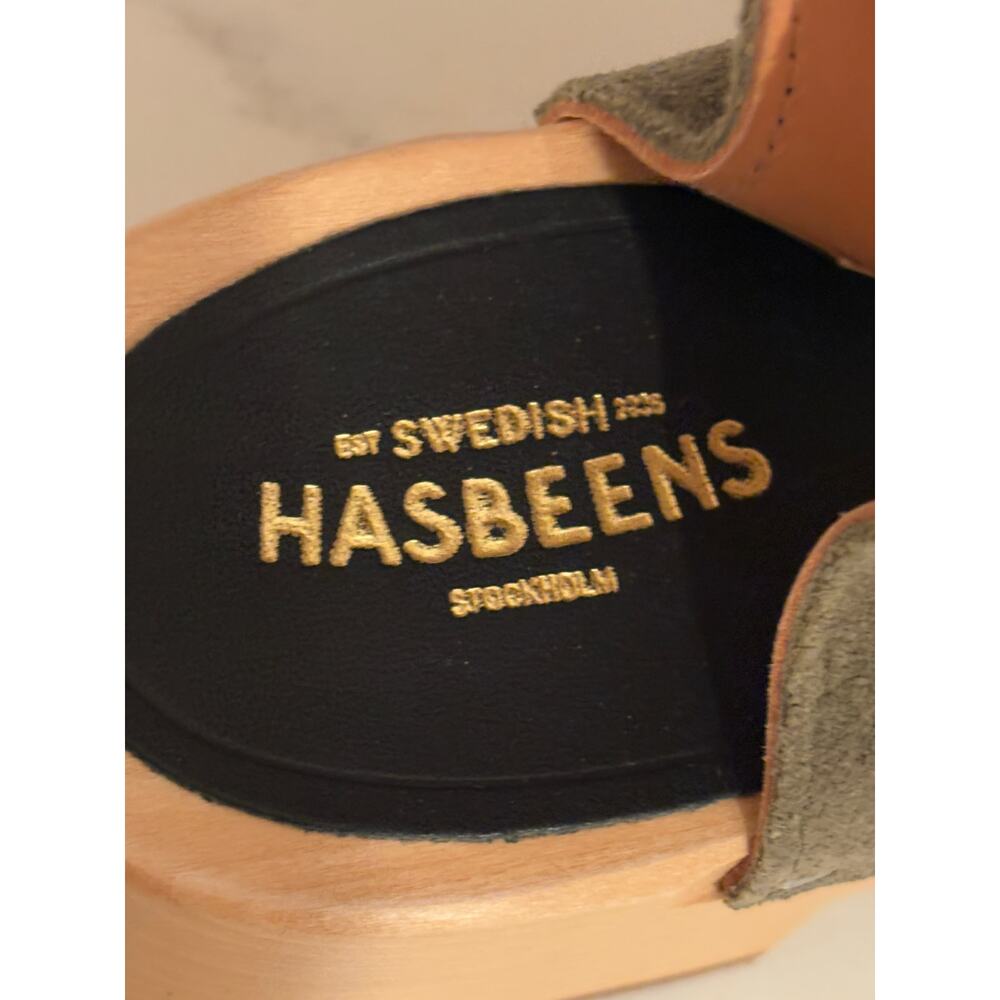 Swedish Hasbeens Olive Green Suede Wooden Clog Sandals Size 39 Low Block Heel - Picture 6 of 7